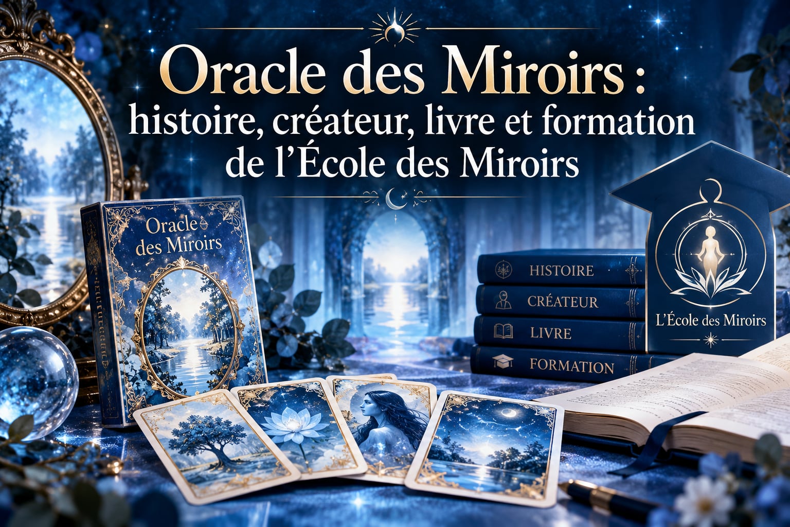 Illustration bleue et dorée : coffret, cartes et livres autour de l’Oracle des Miroirs et de l’École des Miroirs