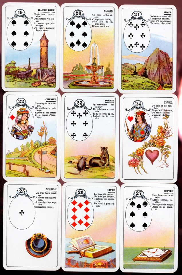 Cartes du Petit Lenormand de 19 à 27 : Tour, Jardin, Mont, Chemin, Souris, Cœur, Anneau, Livre, Lettre – jeu de Mlle Lenormand